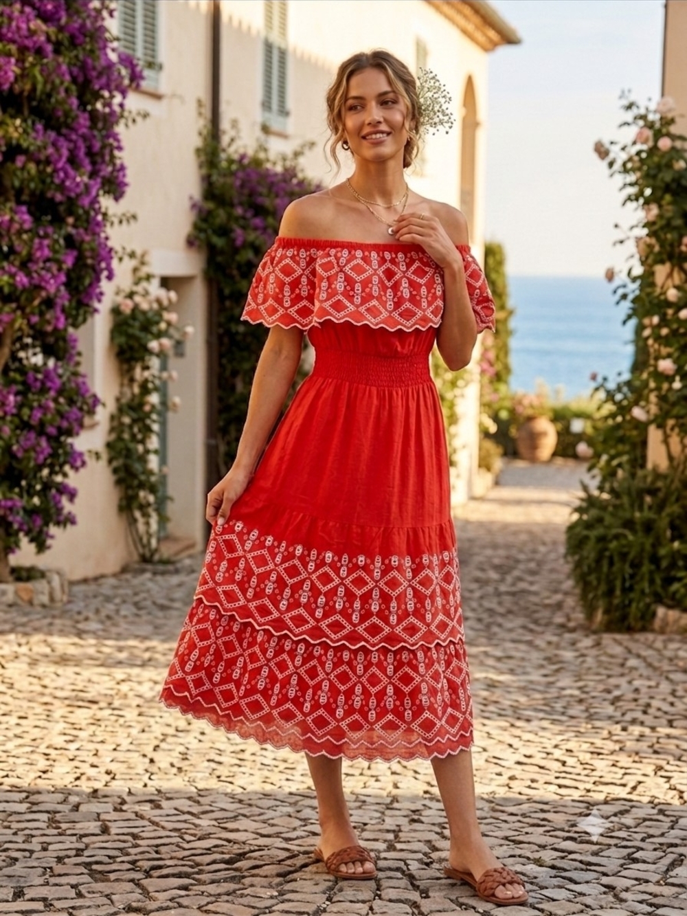Naoo Emma Sz L Red Embroidered Dress Styled Up Or On Shoulders